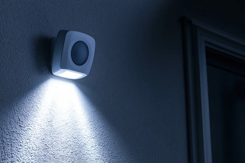 White plastic solar-powered led motion sensor light mounted on dark textured wall casting bright beam near door frame at night