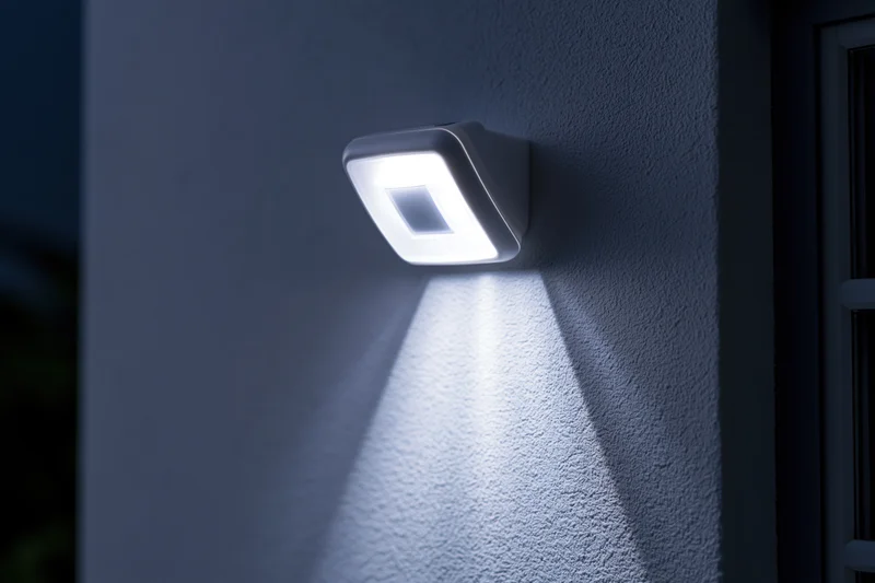 White square led motion sensor light mounted on textured wall at night casting bright beam