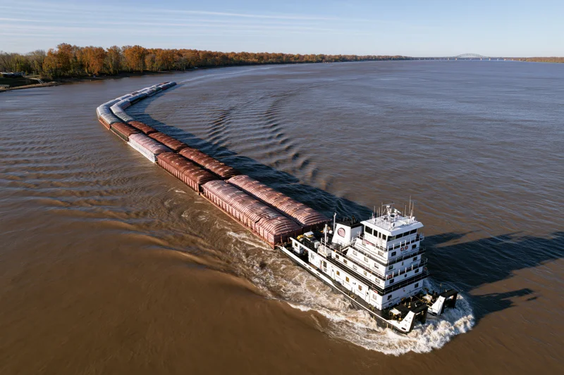 White towboat pushing a long string of covered cargo barges on a wide river