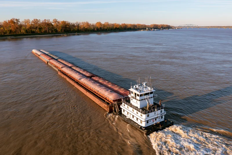 White towboat pushing long string of covered cargo barges on wide river at golden hour