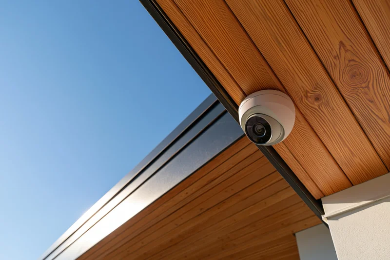 White dome security camera mounted under wooden overhang of modern house exterior