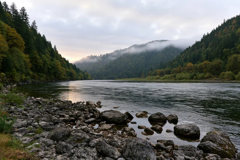 Wide river flowing through forested canyon with misty mountains in early autumn