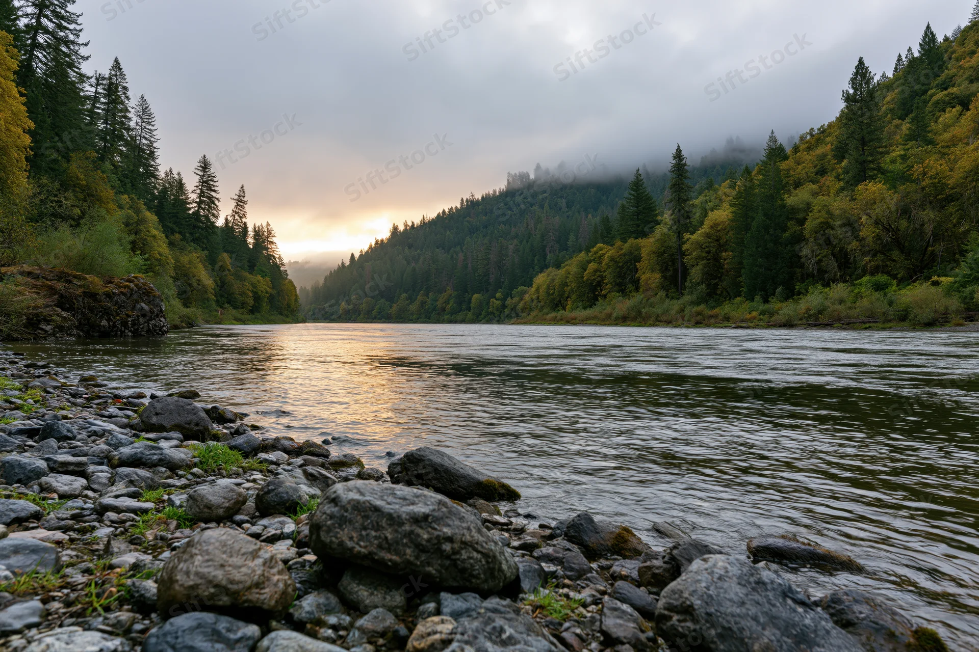 Wide river flowing through forested canyon at golden hour with misty mountains and rocky shore