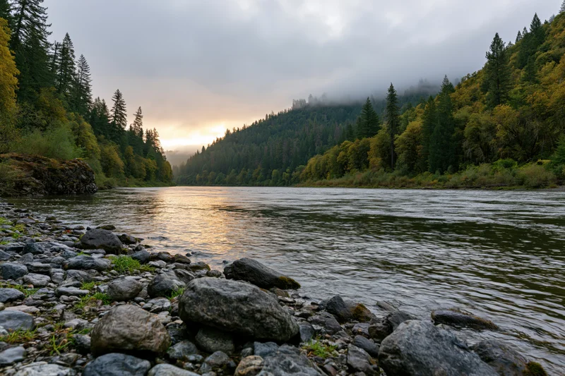 Wide river flowing through forested canyon at golden hour with misty mountains and rocky shore
