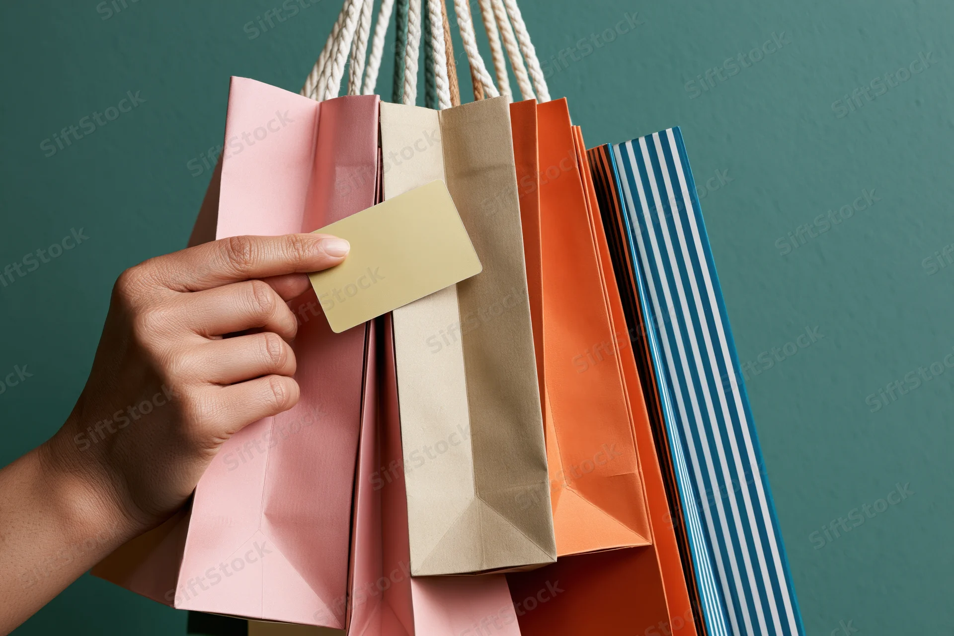 Woman's hand holding colorful paper shopping bags and a credit card against teal background