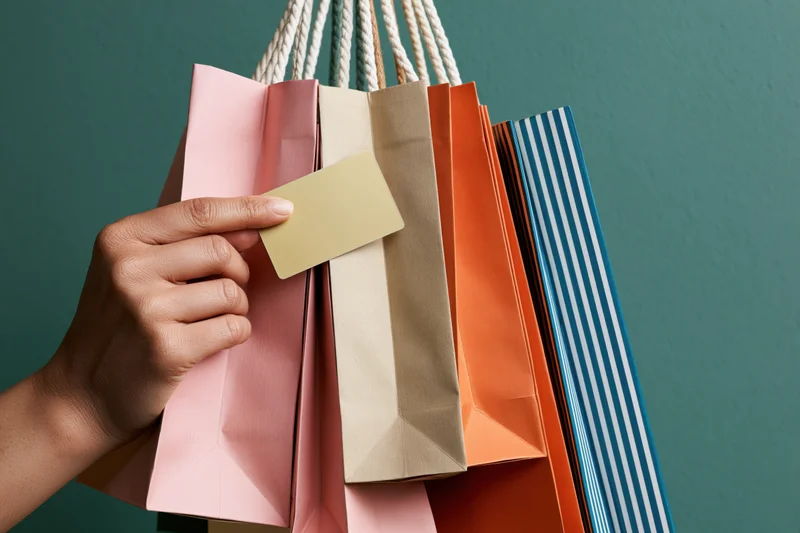Woman's hand holding colorful paper shopping bags and a credit card against teal background