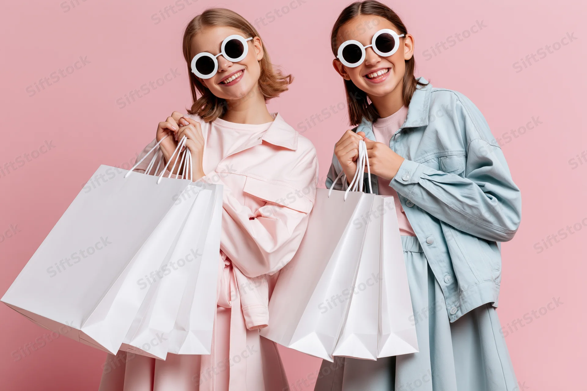 Two young women smiling while holding shopping bags against a pink background