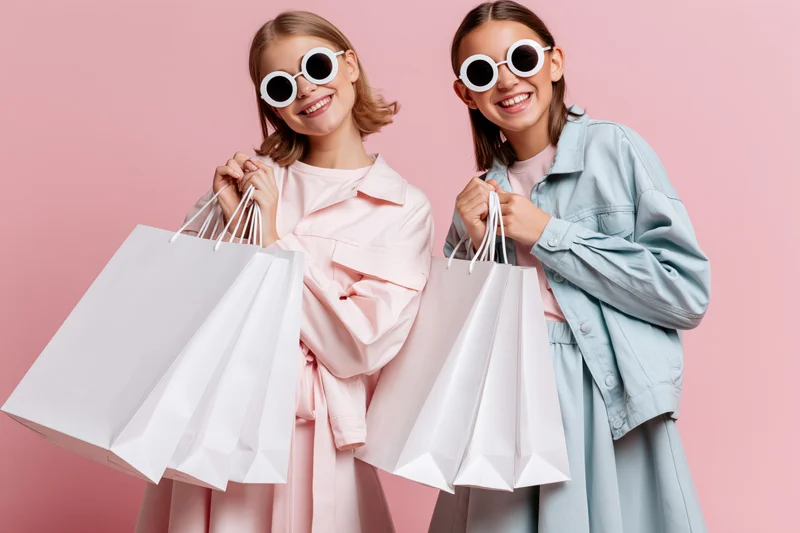 Two young women smiling while holding shopping bags against a pink background
