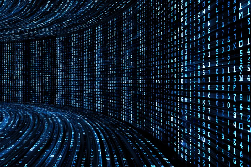Digital data stream cascading in columns across curved walls and floor in dark environment