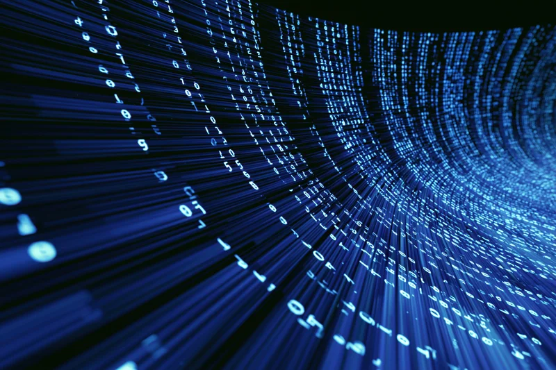 Cascading binary code flowing through a digital tunnel
