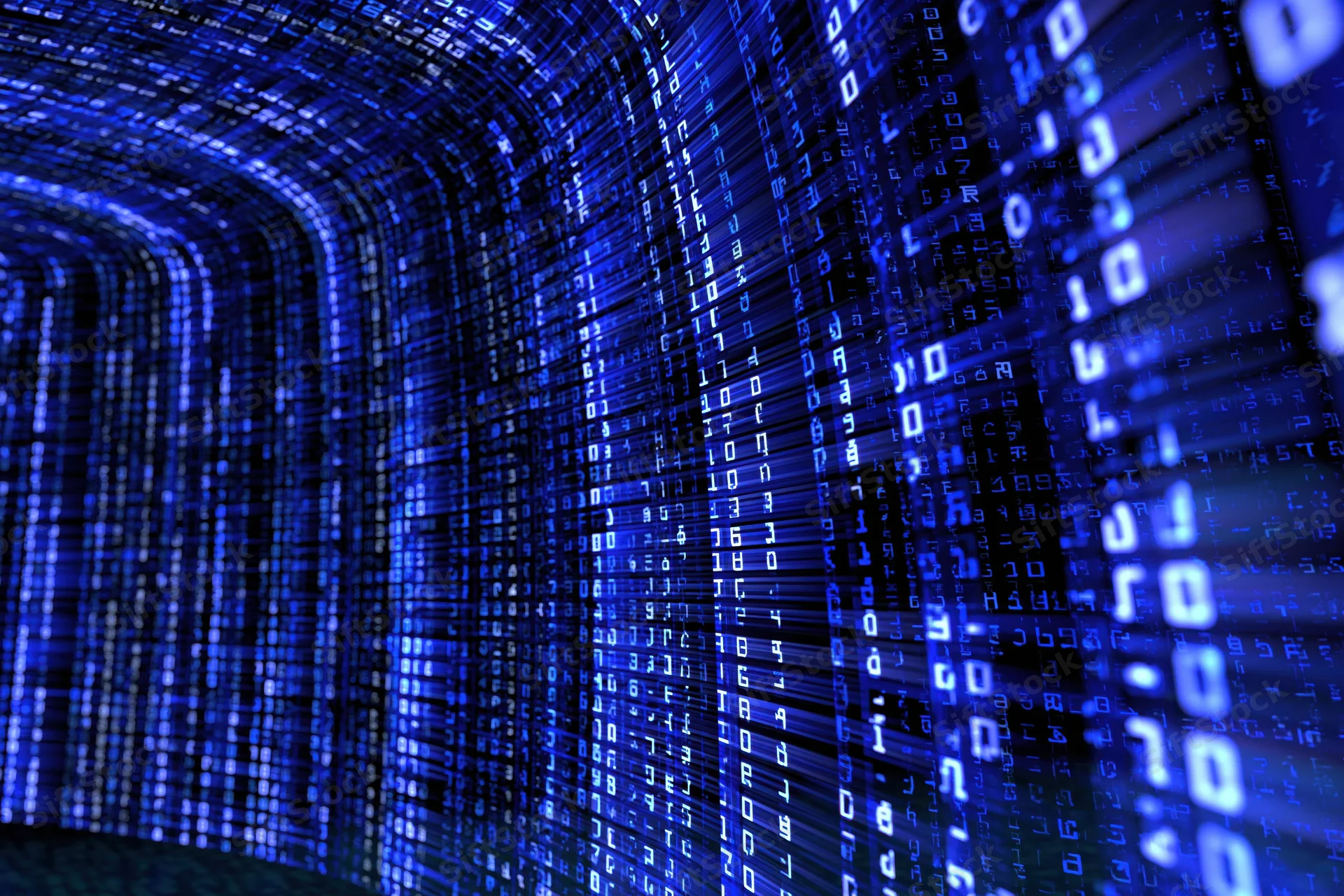 Cascading digital data stream forming a glowing blue tunnel in a virtual space
