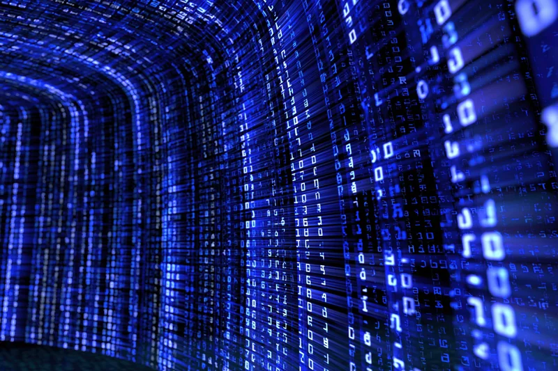 Cascading digital data stream forming a glowing blue tunnel in a virtual space