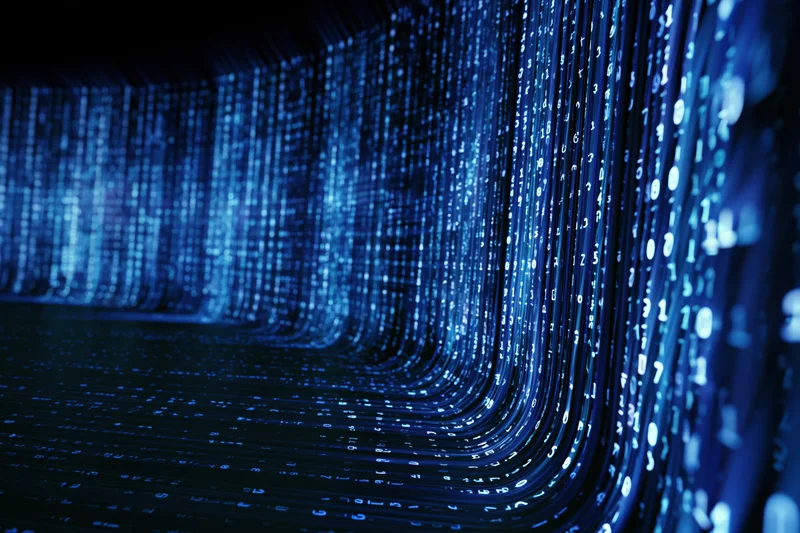 Cascading digital data stream forming a glowing blue tunnel