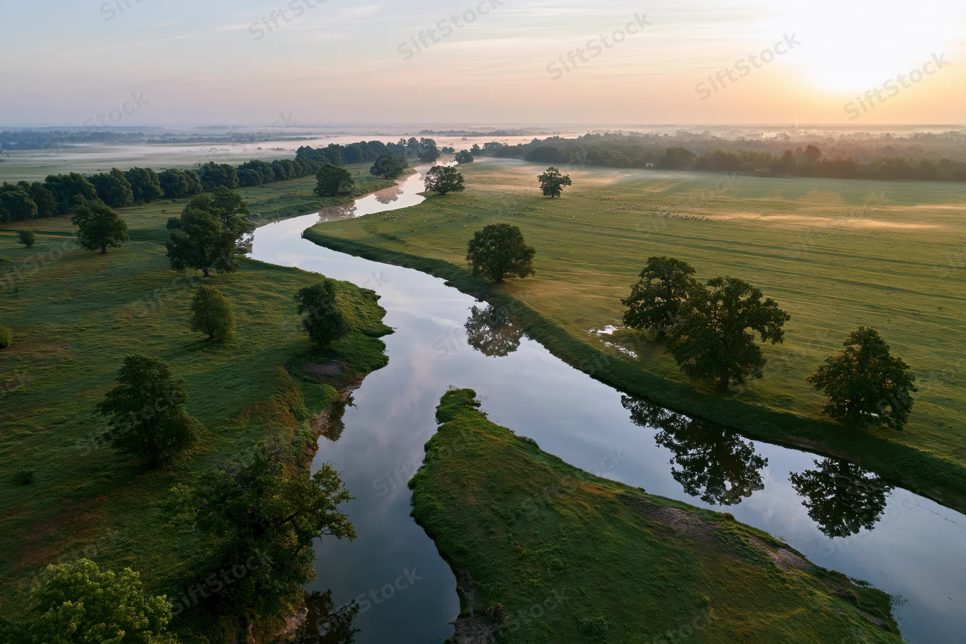 Aerial drone view of a winding river snaking through flat green meadows at sunrise