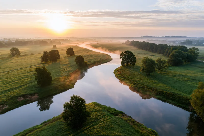 Aerial drone view of a winding river through green fields at sunrise with mist rising over the water and trees