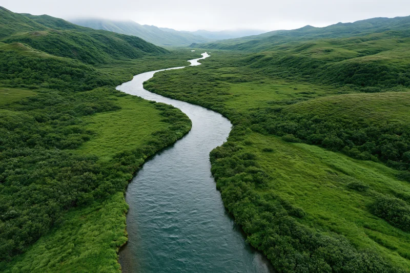 Winding river flowing through lush green valley from aerial view