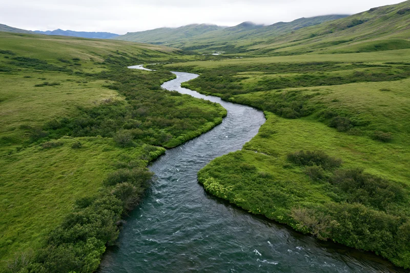 Aerial drone view of a winding river flowing through lush green valley with hills and meadows