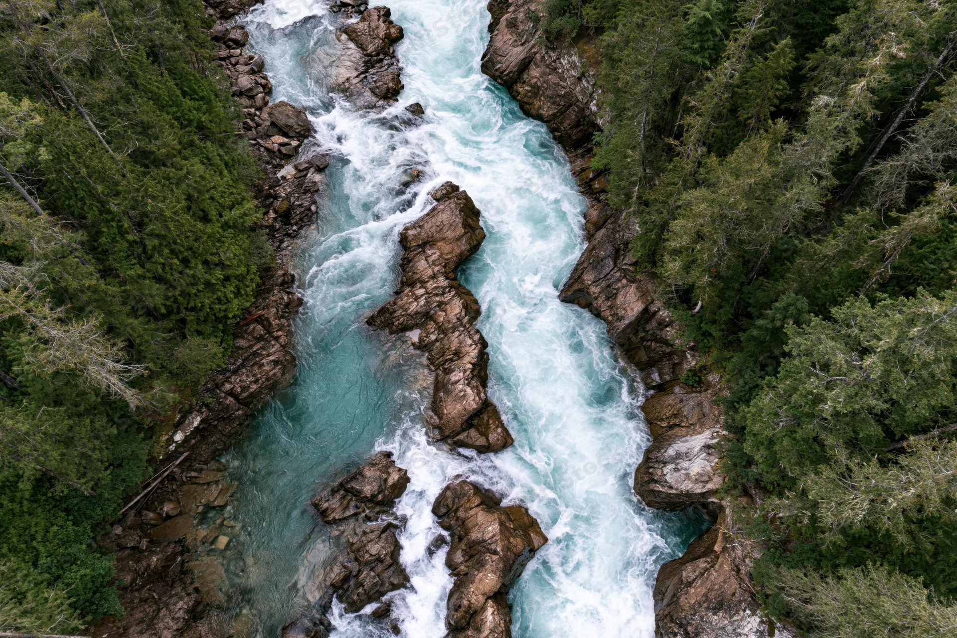 Aerial top-down view of a rushing glacial river flowing through a rocky canyon surrounded by dense evergreen forest