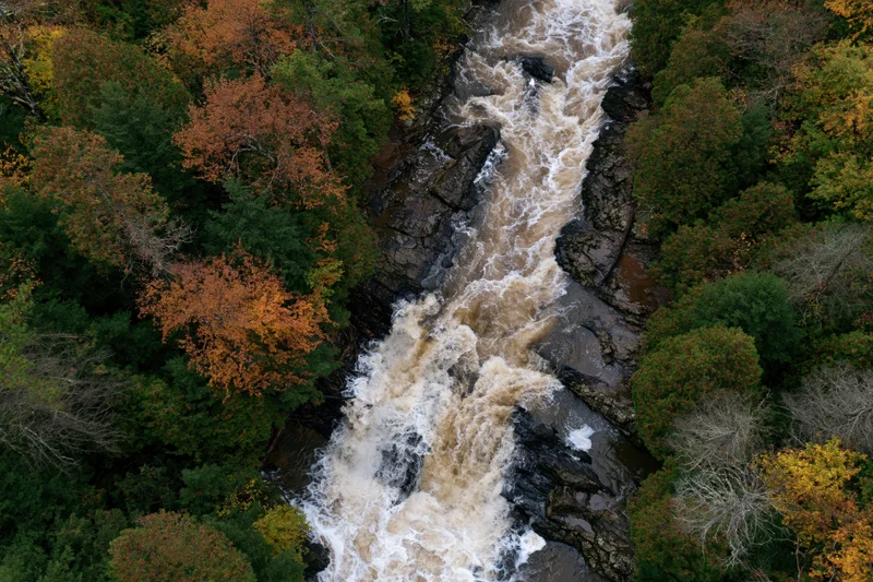 Aerial top-down view of rushing waterfall cascading through forested canyon in autumn