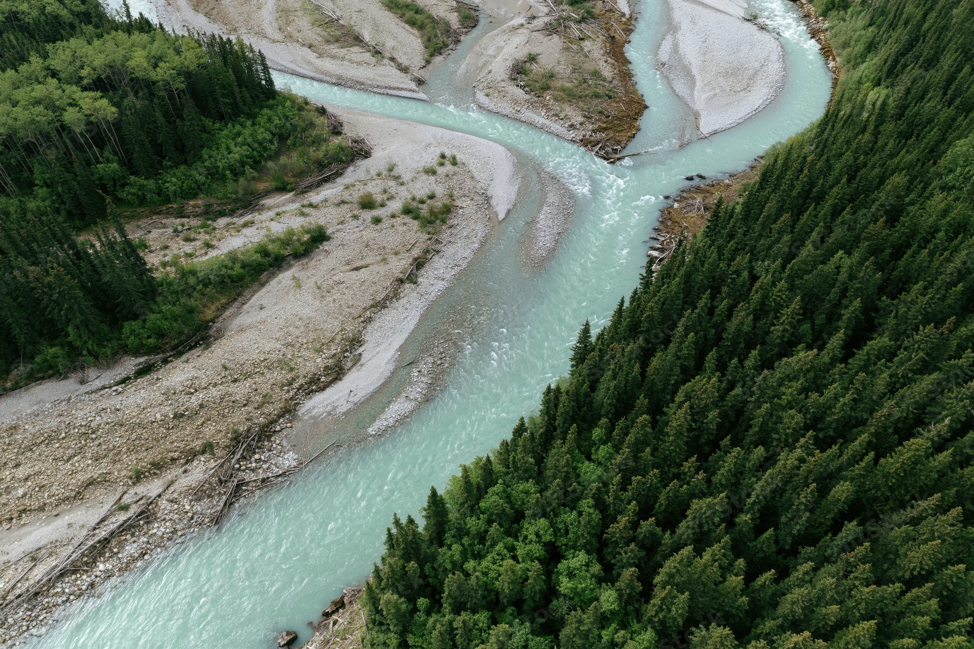 Aerial top-down view of a winding glacial turquoise river flowing through a forested mountain valley