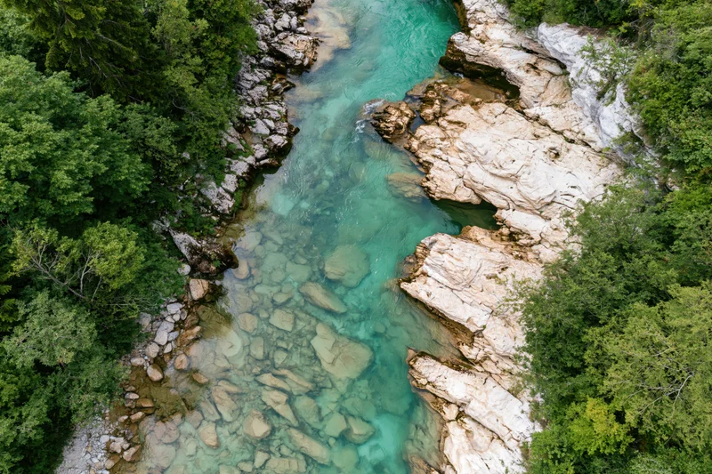 Aerial top-down view of a clear turquoise mountain river flowing through a forested canyon with rocks and green trees