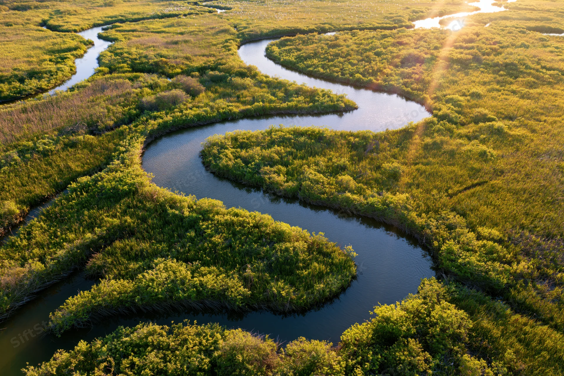 Aerial view of a winding river snaking through lush green wetlands at sunrise