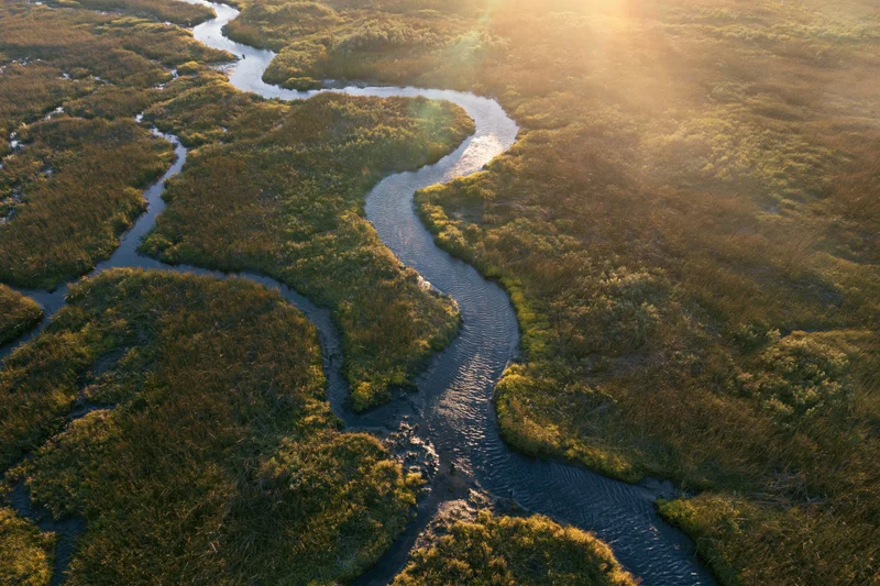 Winding river flowing through marshy wetland from aerial view at sunrise