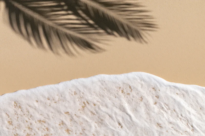 Aerial top-down view of sandy beach shoreline with gentle wave foam and palm frond shadow