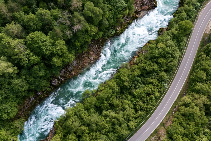 Aerial view of a winding road alongside a fast-flowing river through a dense green forest