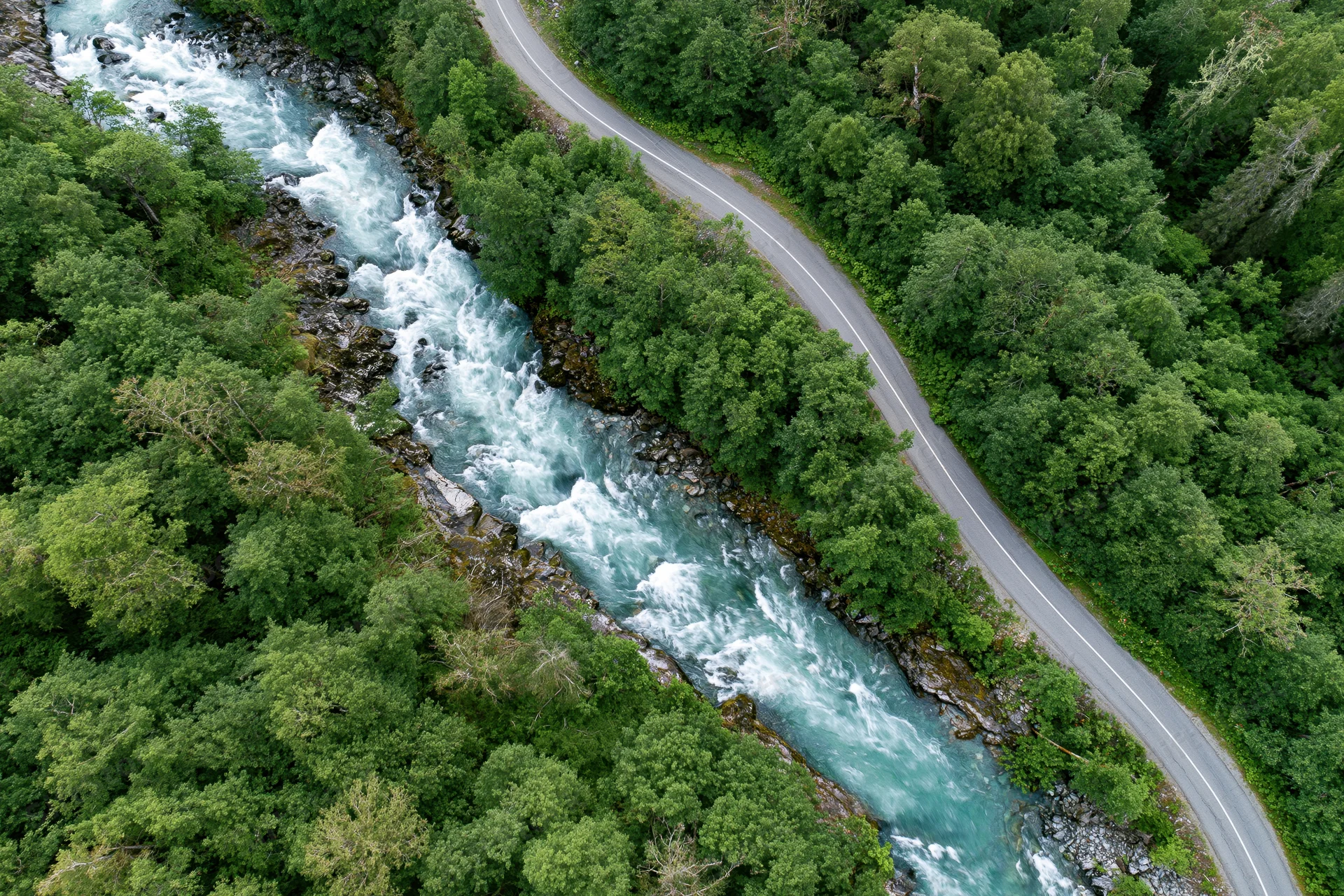 Aerial view of a winding road alongside a fast-flowing river through dense green forest