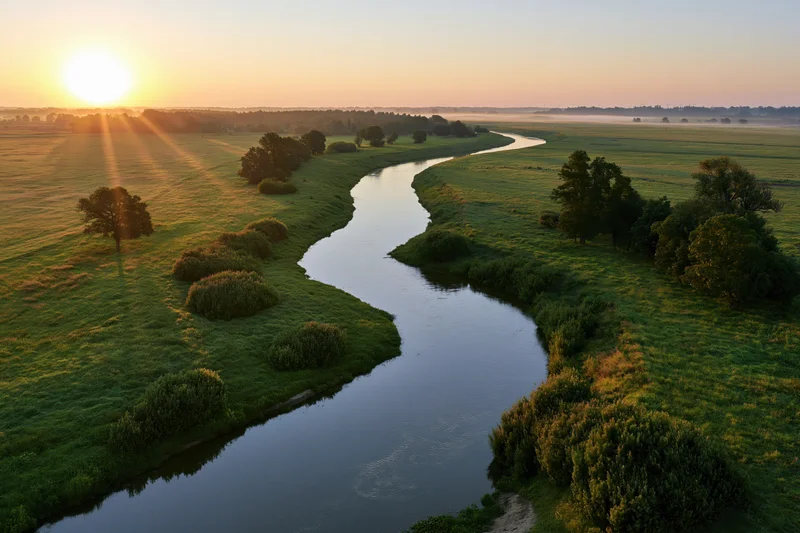 Winding river flowing through green meadow at sunrise from aerial view