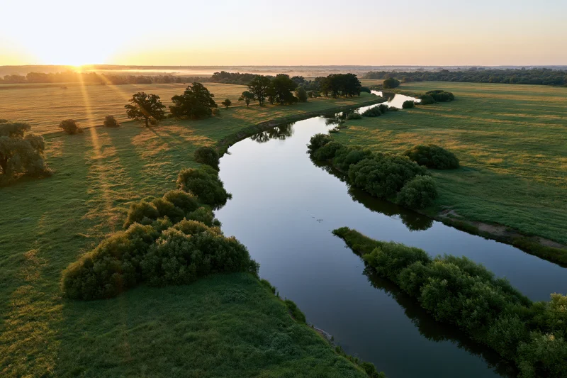 Aerial view of a winding river curving through flat green meadows at sunrise
