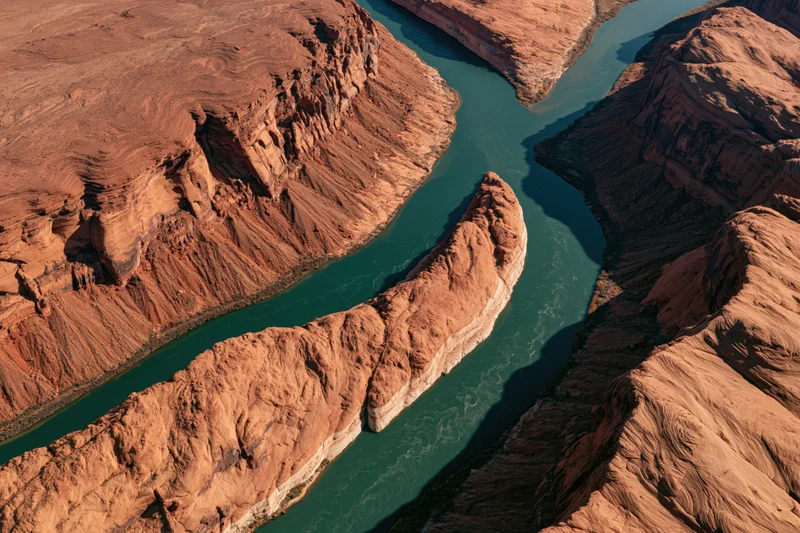 Aerial view of a winding river cutting through a deep desert canyon