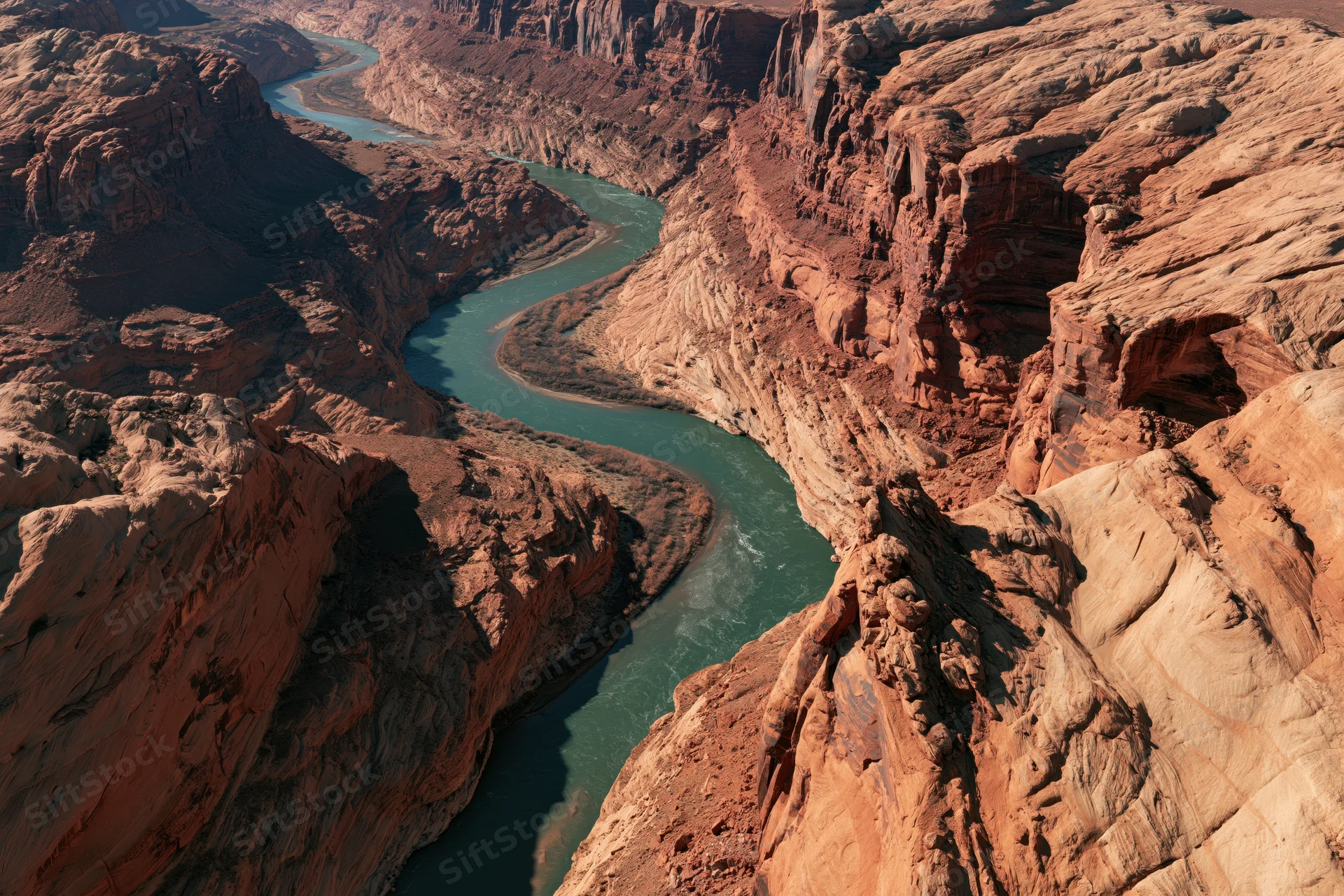 Aerial view of a winding river cutting through a deep desert canyon