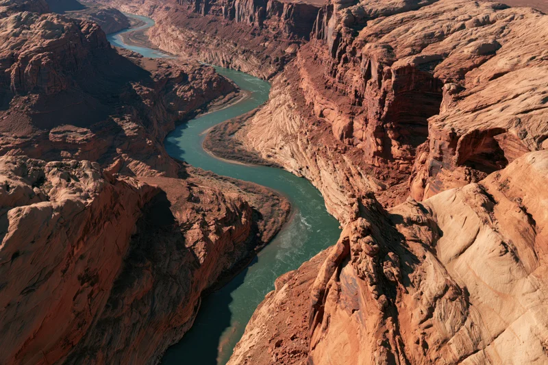Aerial view of a winding river cutting through a deep desert canyon
