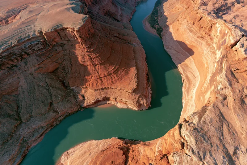 Aerial view of a winding river cutting through a deep desert canyon