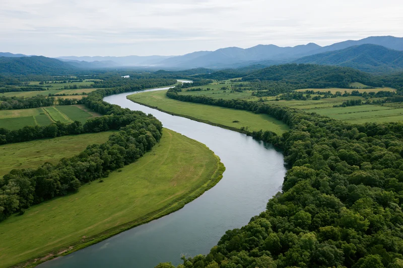 Aerial view of a winding river snaking through green fields and forests with distant mountains in the background