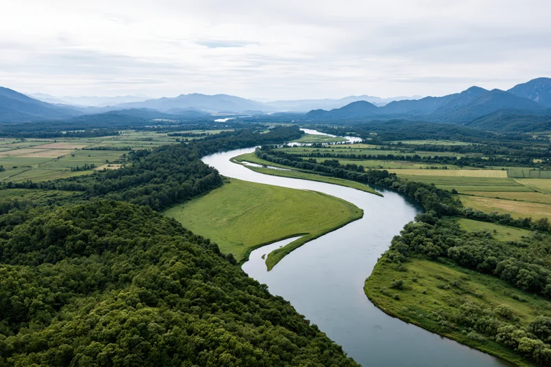 Aerial view of a winding river flowing through green valleys and forests surrounded by mountains