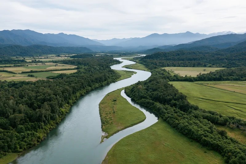 Aerial view of a winding river snaking through a green valley surrounded by mountains and forests