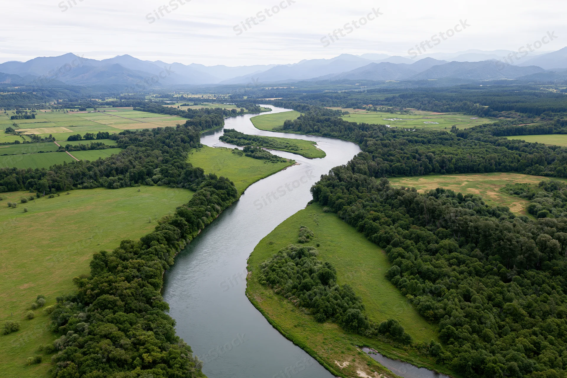 Aerial view of a winding river flowing through green valleys and forests with distant mountains in the background