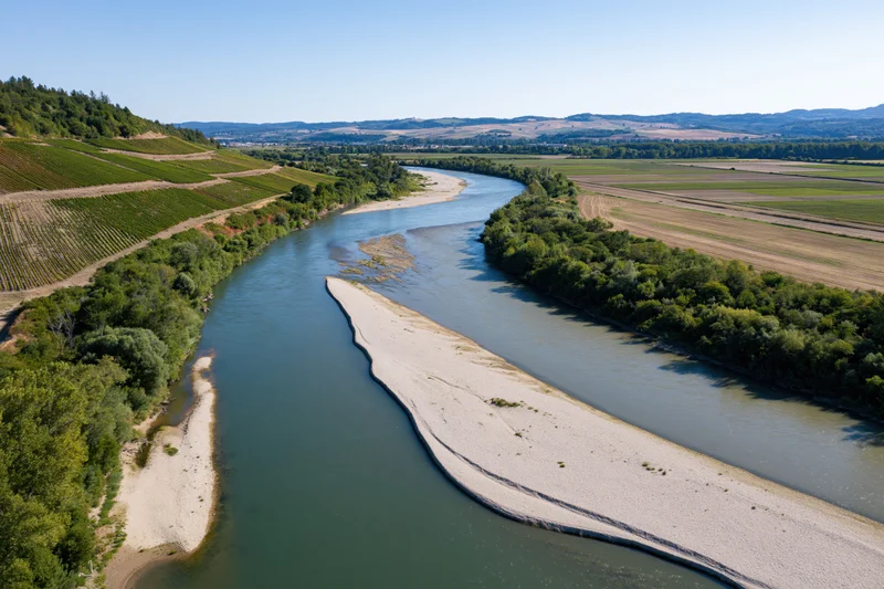 Aerial view of a winding river with sandy banks cutting through vineyards and farmland