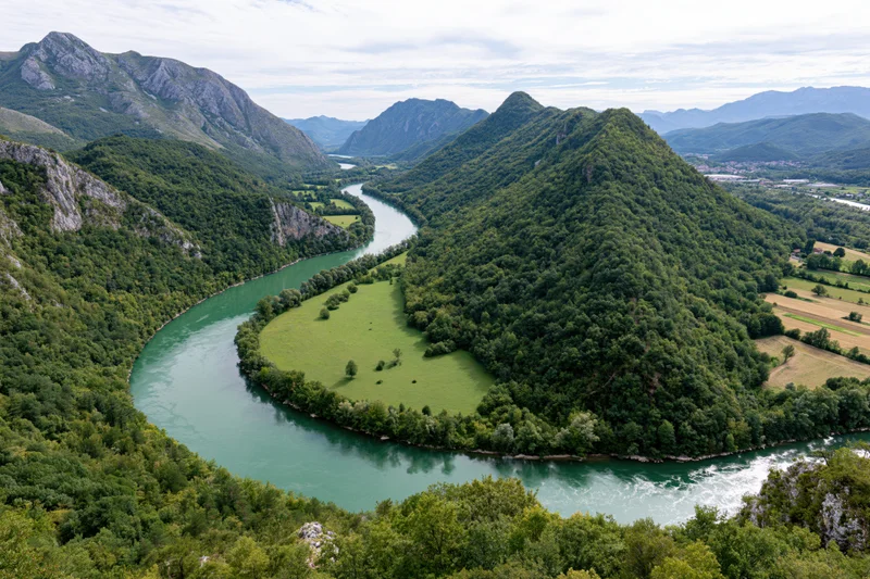 Winding river flowing through mountain valley with dense green forest and grassy meadows from aerial perspective