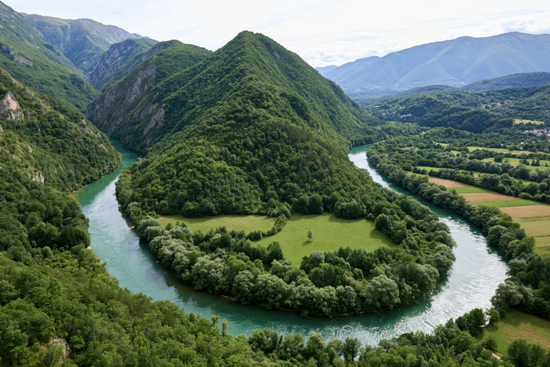 Aerial view of a winding river with turquoise-green water snaking through forested mountains and valleys