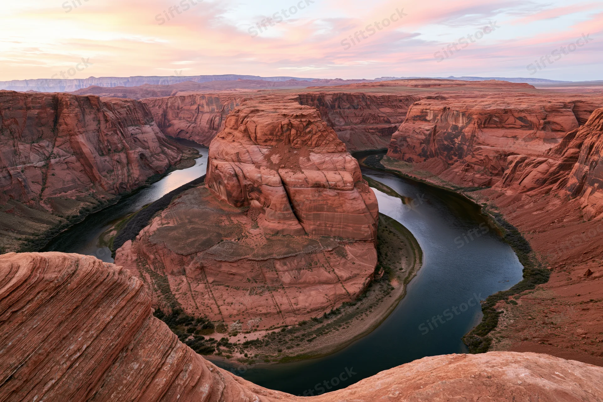Aerial view of horseshoe bend in the colorado river canyon at sunset