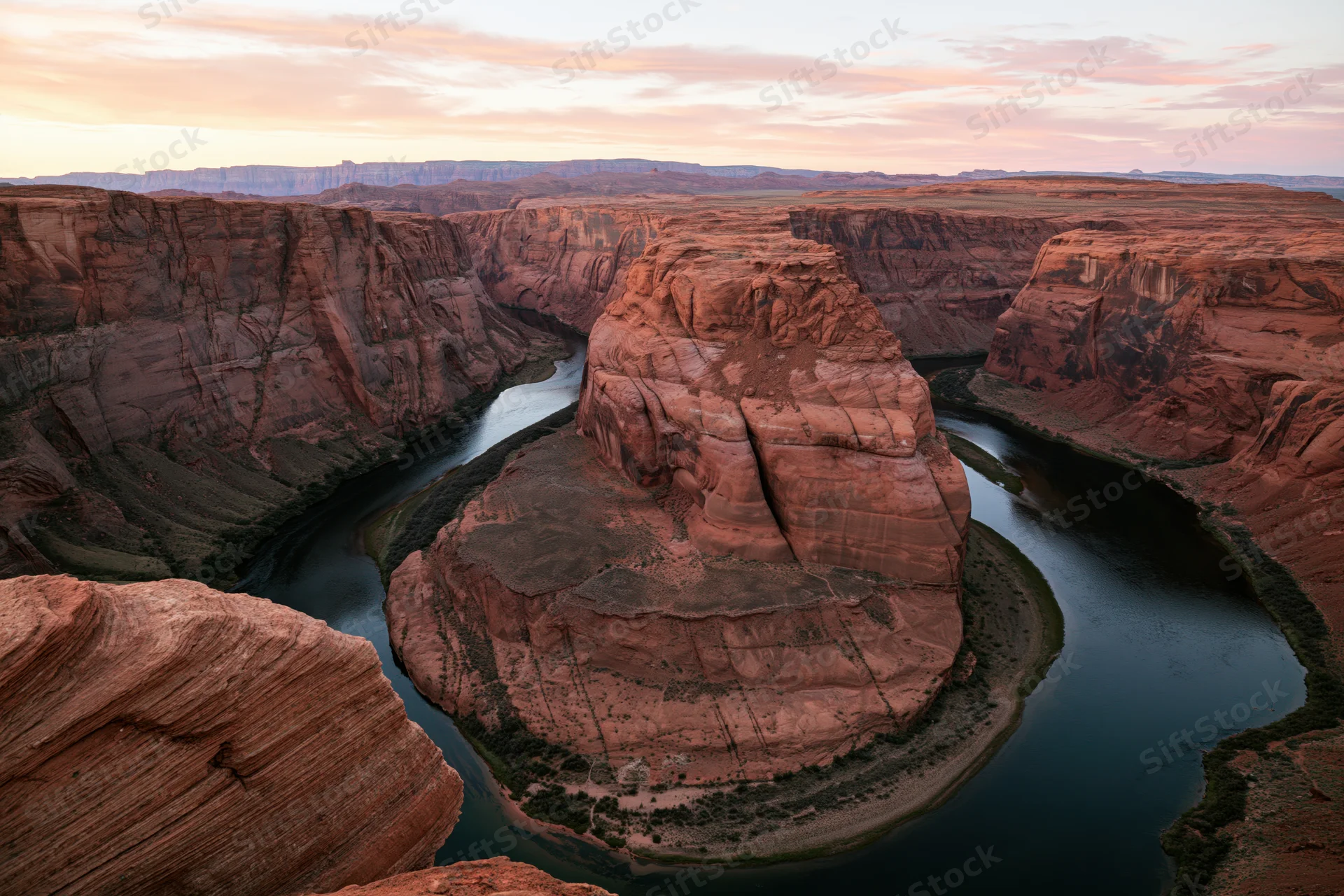 Aerial view of horseshoe bend in the colorado river canyon at sunset