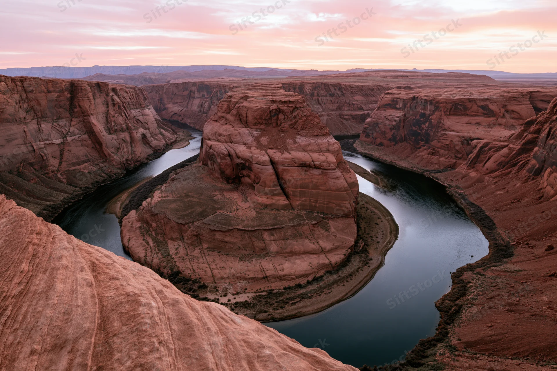 Aerial view of horseshoe bend in the colorado river canyon at sunset