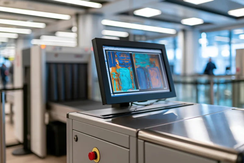 Xray scanner monitor displaying luggage images at airport security checkpoint