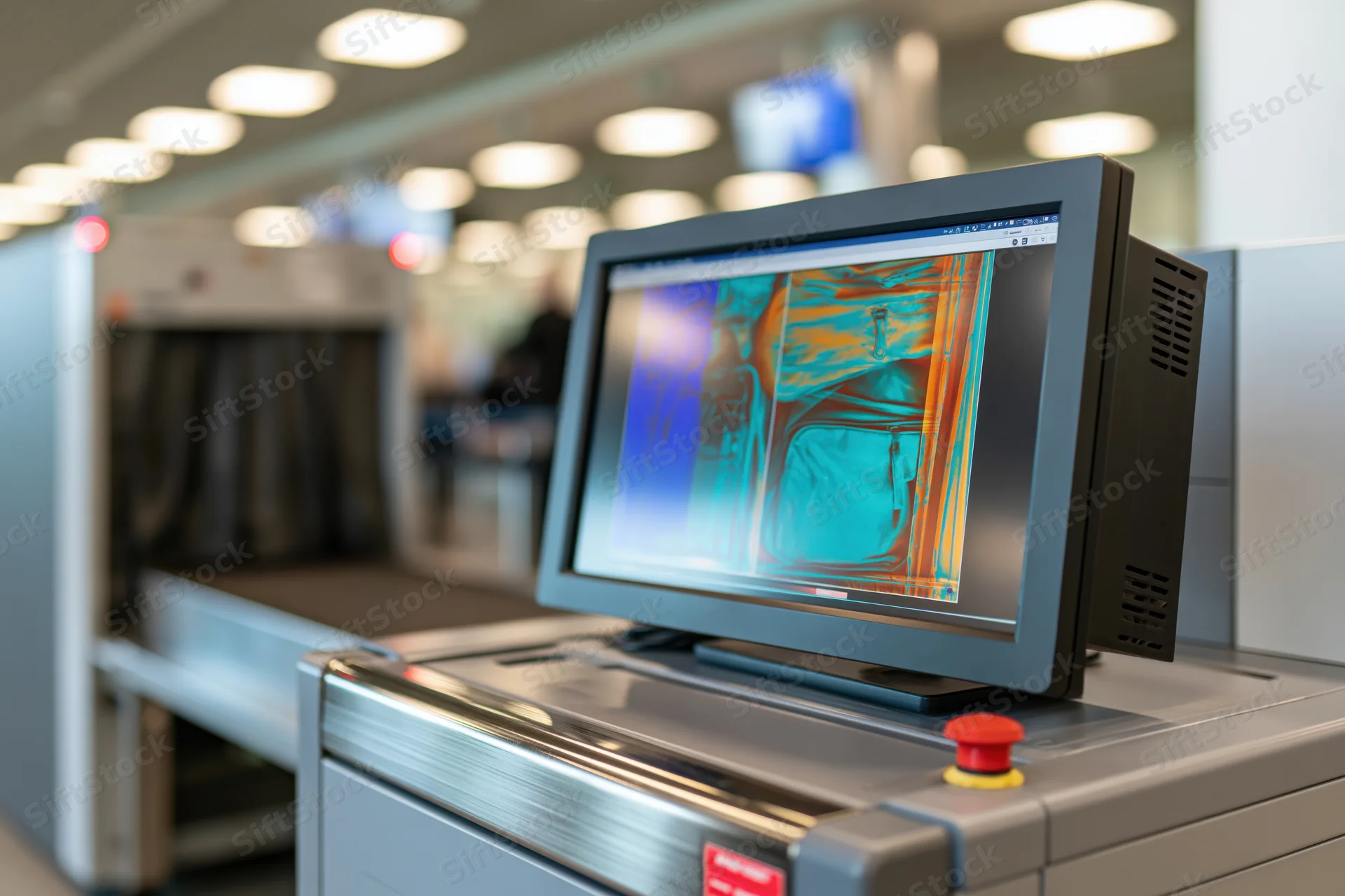Xray scanner monitor displaying luggage scan at airport security checkpoint
