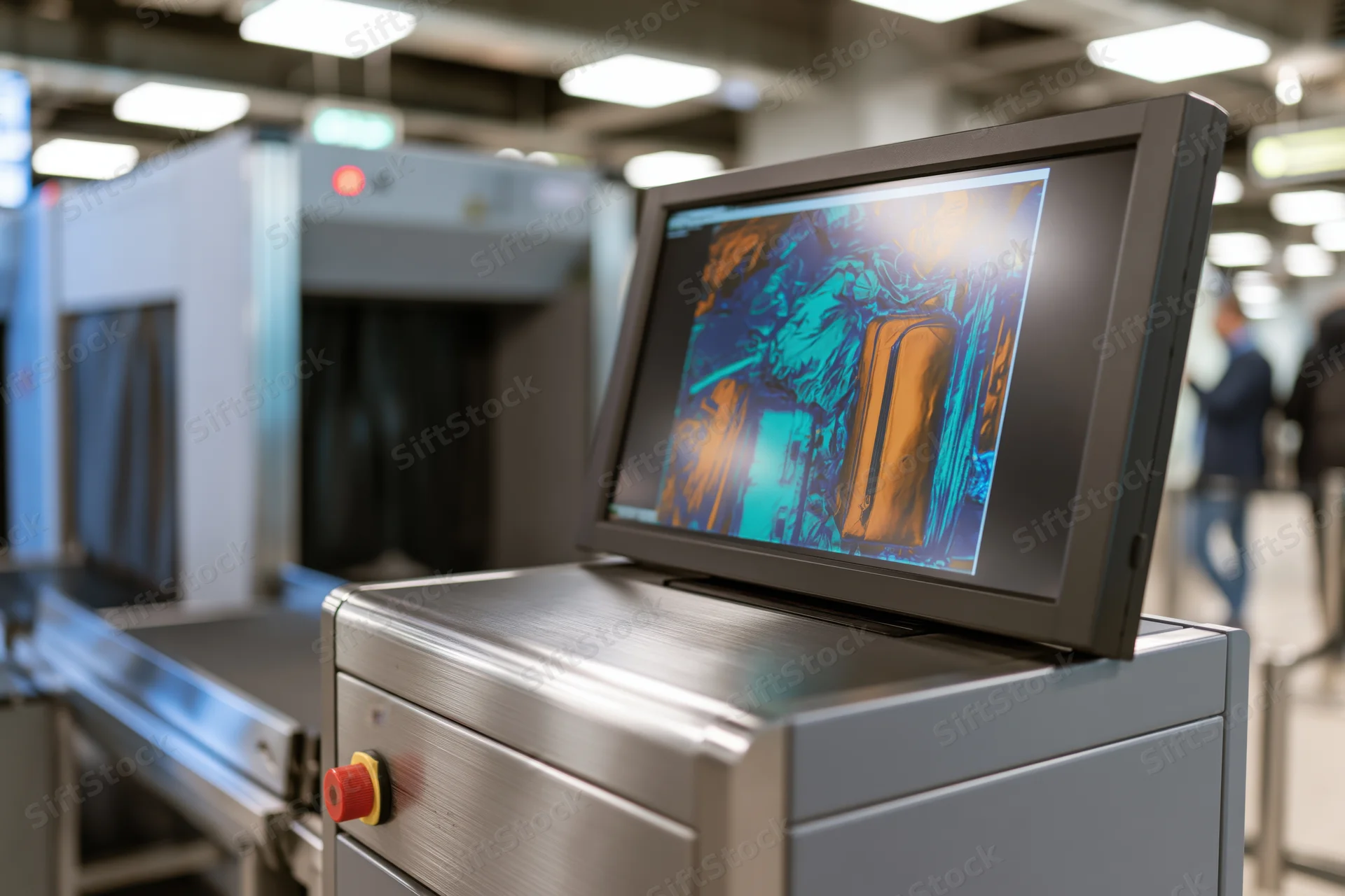 Xray scanner monitor displaying luggage scan at airport security checkpoint