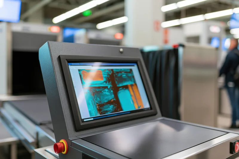 Xray scanner monitor displaying luggage scan at airport security checkpoint
